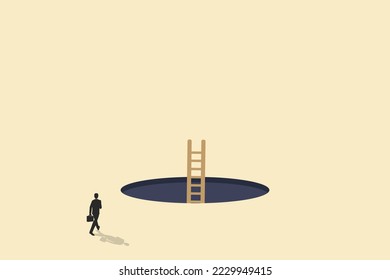 businessman going to Ladder standing inside hole. Symbol of success, hope, ambition, and opportunity.