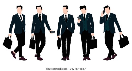 A businessman is going to the office with a briefcase in hand. Using a smartphone, walking. A group of businessmen standing poses isolated on a white background.