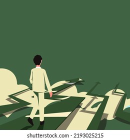 Businessman Going On Arrows In Clouds. Man In Suit Walking In Sky And Presenting Important Messages. Executive Showing Crutial Informations. Gentleman Displaying New Ideas.