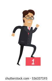 Businessman going up on the winners podium. Businessman in expensive suit and tie wins the first place. Leadership concept. Achieving best results. Smiling male. Vector illustration in flat style