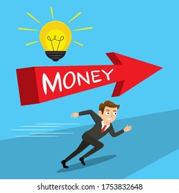 Empresario yendo en la dirección de la flecha roja al dinero, ilustración vectorial cartoon