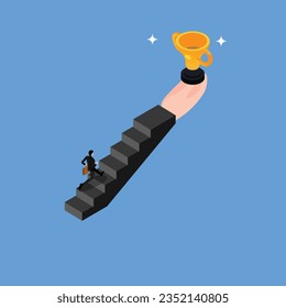 a businessman going up the stairs with a hand holding a trophy isometric 3d vector concept for banner, website, illustration, landing page, etc
