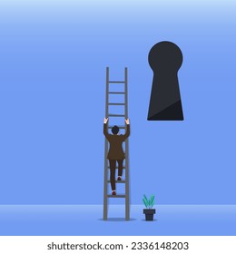 businessman going up stairs with keyhole. Way to success design vector illustration 