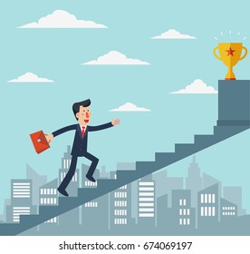 Businessman going up the stairs over the city, towards a trophy