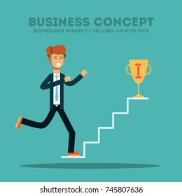 Businessman going up the stairs, towards a trophy. Vector illustration.