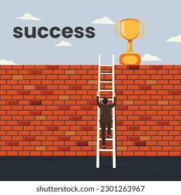 Businessman going up stairs with trophy. Successful process concept vector illustration