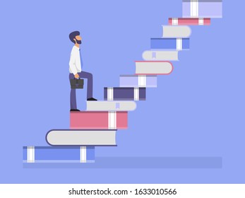 Businessman going up the stairs which made from books vector illustration. Business man walking on the staircase from book.