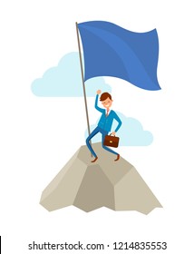 Businessman going to success, climbing up to mountains or rock in sky. Happy manager puts flag on top, vector isolated cartoon character, achieving goal