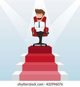 Businessman going up to success, staircase to success. Scene illuminated by a spotlight. Cartoon Vector Illustration.