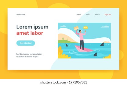 Businessman Going Through Financial Crisis And Bankruptcy Metaphor. Man On Sinking Boat In Sea With Sharks. Flat Vector Illustration. Bankrupt Concept For Banner, Website Design Or Landing Web Page