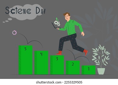 Businessman going up. A person with a laptop climbs to the top, science and knowledge. International Science Day. cartoon man climbing the staircase to success and progress. Vector illustration
