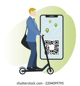 Businessman is going to work by Electric Scooter in Suit. Eco-friendly alternative transport, smartphone with qr code and geo location. Vector illustration in a flat style on blue background.