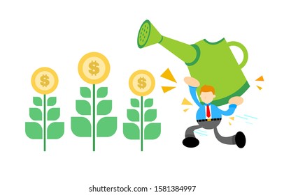 businessman and gold coin money dollar garden cartoon doodle flat design style vector illustration