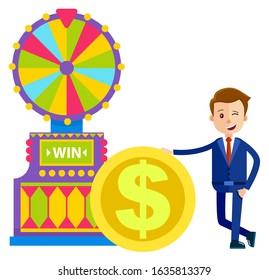 Businessman with gold coin vector, isolated person playing in casino. Slot machine with segments and pointer. Gambling fortune wheel spinning flat style