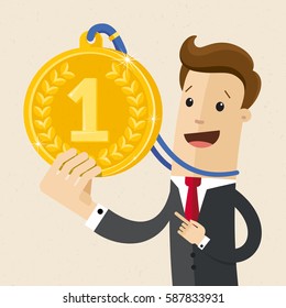 Businessman with the gold medal. Business and finance concept. Vector, illustration, flat.