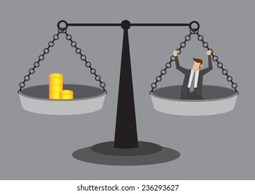 Businessman and golden coins on balancing beam scale. Conceptual vector illustration for weighing the costs and benefits for additional human resource.