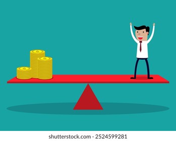 Geschäftsmann und goldene Münzen auf Balancebalken-Skala. Konzeptuelle Vektorgrafik zur Abwägung der Kosten und des Nutzens für zusätzliche Humanressourcen.