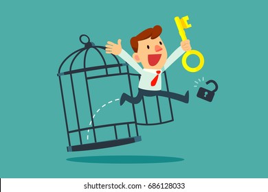Businessman with golden key free himself from cage. Freedom concept.