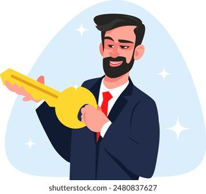Businessman with golden key in hands, man in business suit opens new business. Stock vector illustration