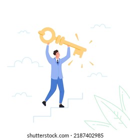 Businessman golden key. Happy specialist on career stairway looking secret keys, unlocking potential success development, entrepreneur win business competition, vector illustration of success key