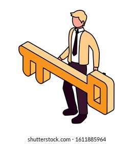 businessman with golden key on white background vector illustration design