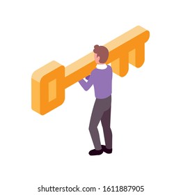 businessman with golden key on white background vector illustration design