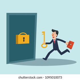 Businessman with golden key try to unlock the door. Concept of business risk and success
