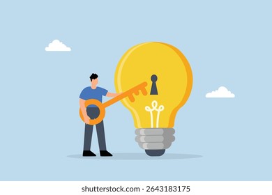 businessman with golden key will insert key into bulb idea lamp.
