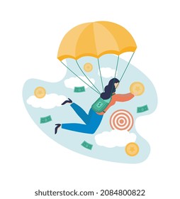 Businessman With Golden Parachute. Financial Cushion Metaphor. Girl Gets Confused, Holding On To Coin. Financial Literacy, Family Supplies And Savings, Support. Cartoon Flat Vector Illustration