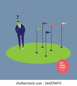 Businessman golfer on a pott with too many holes. Vector illustration Eps10 file. Global colors&layers.