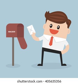 Businessman got a lot of mail in red mailbox, flat design, vector