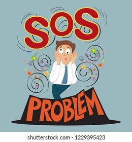 Businessman got problem standing with sos signal, illustration vector cartoon