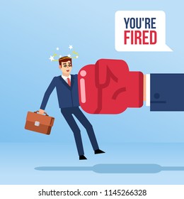 Businessman got punched by big boxing glove. Man got fired, dismissed from work. Flat design vector illustration