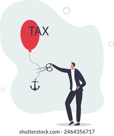 businessman government leader using scissors to cut rope on anchoring balloon with the word tax.flat vector illustration.