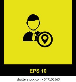 Businessman with gps vector black icon. Isolated illustration. Business picture.