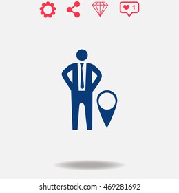 Businessman with GPS vector icon on grey background.