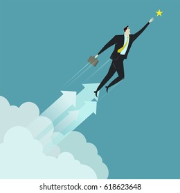 Businessman grabbing the star above cloud, metaphor or symbol of overcoming adversity in strategy and finding leadership solutions corporate of success. Vector Illustration flat style.