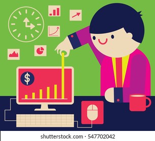 A businessman grabs a bar from a graph that's located on his computer and raises it