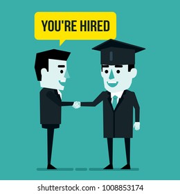 Businessman And Graduate Student Handshaking. Successful Interview, Hire, Job Search After Graduation. Flat Style Vector Illustration