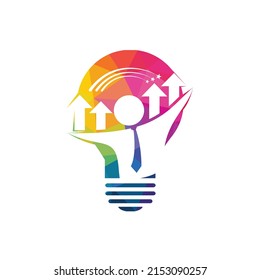 Empresario y grafo dentro del diseño del logo de la bombilla. Concepto de negocio. Ilustración del concepto de idea de tecnología.	