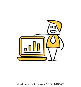 businessman and graph in laptop yellow stick figure theme