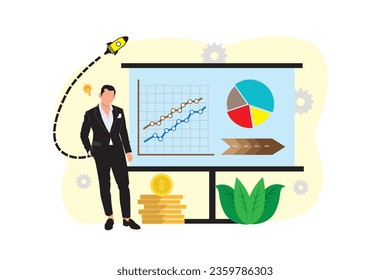 Businessman and graph on screen. Vector illustration in flat style.