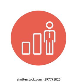 Hombre de negocios y gráfico de línea delgada icono para diseño de web y móvil minimalista plano. Icono blanco vector dentro del círculo rojo.