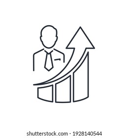 Businessman And Graph To The Top. Priority Of Craftsmanship. Personal Growth. Vector Linear Icon Isolated On White Background.