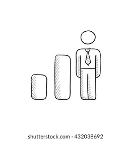 Icono de boceto de vectores de gráficos y hombres de negocios aislado en segundo plano. Hand dibujó a Businessman e icono del gráfico. Icono de bosquejo de grafo y empresario para infografía, sitio web o aplicación.