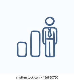 Icono de boceto de vectores de gráficos y hombres de negocios aislado en segundo plano. Hand dibujó a Businessman e icono del gráfico. Icono de bosquejo de grafo y empresario para infografía, sitio web o aplicación.