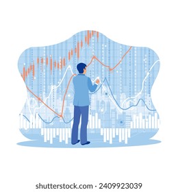 Businessman with graphs and futuristic world map on virtual screen. Using creative forex charts against a blurred cityscape background. Technology and finance concept. 