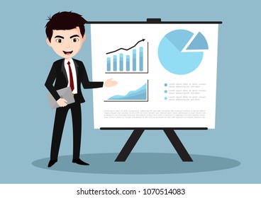 Businessman and graphs on projector screen. Presentation concept, seminar, training, conference.