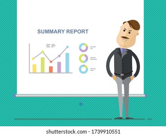 Businessman and graphs on projector screen. Presentation concept. Flat Vector Illustration