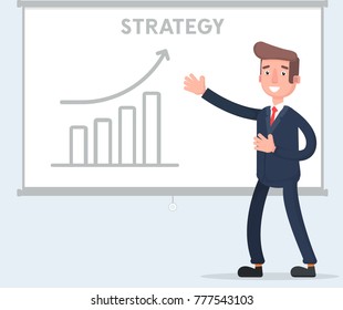 Businessman and graphs on projector screen. Presentation concept, seminar, training, conference. Business strategy and finance. Vector illustration of a flat design.